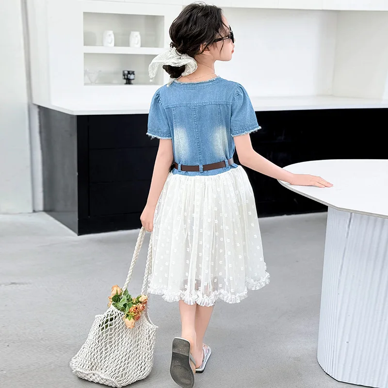 New Summer Kids Fashion Mesh Denim Patchwork Dress with Belt for Tweens Girls Elegant Outfit Age 4 5 6 7 8 9 10 11 12 13 14 Year - Image 2