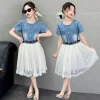 New Summer Kids Fashion Mesh Denim Patchwork Dress with Belt for Tweens Girls Elegant Outfit Age 4 5 6 7 8 9 10 11 12 13 14 Year