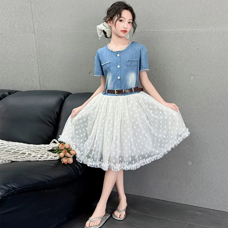 New Summer Kids Fashion Mesh Denim Patchwork Dress with Belt for Tweens Girls Elegant Outfit Age 4 5 6 7 8 9 10 11 12 13 14 Year - Image 4