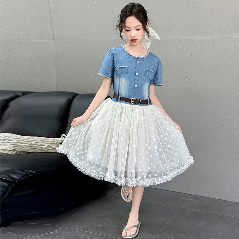 New Summer Kids Fashion Mesh Denim Patchwork Dress with Belt for Tweens Girls Elegant Outfit Age 4 5 6 7 8 9 10 11 12 13 14 Year - Image 6
