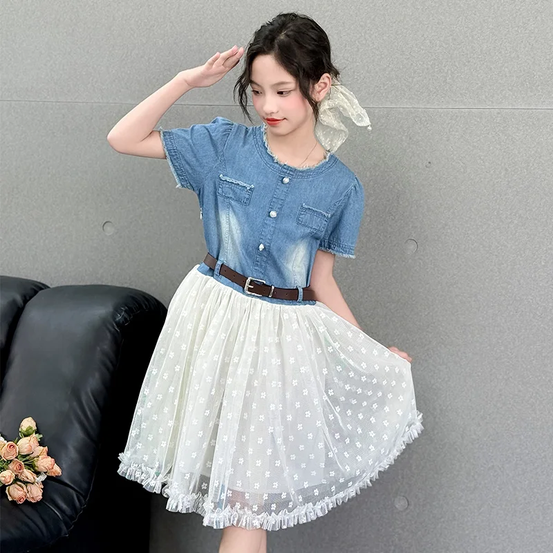 New Summer Kids Fashion Mesh Denim Patchwork Dress with Belt for Tweens Girls Elegant Outfit Age 4 5 6 7 8 9 10 11 12 13 14 Year - Image 3