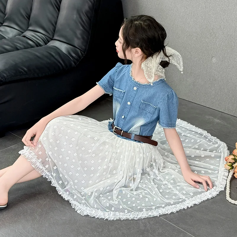New Summer Kids Fashion Mesh Denim Patchwork Dress with Belt for Tweens Girls Elegant Outfit Age 4 5 6 7 8 9 10 11 12 13 14 Year - Image 5
