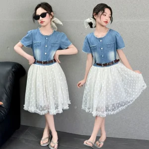 New Summer Kids Fashion Mesh Denim Patchwork Dress with Belt for Tweens Girls Elegant Outfit Age 4 5 6 7 8 9 10 11 12 13 14 Year