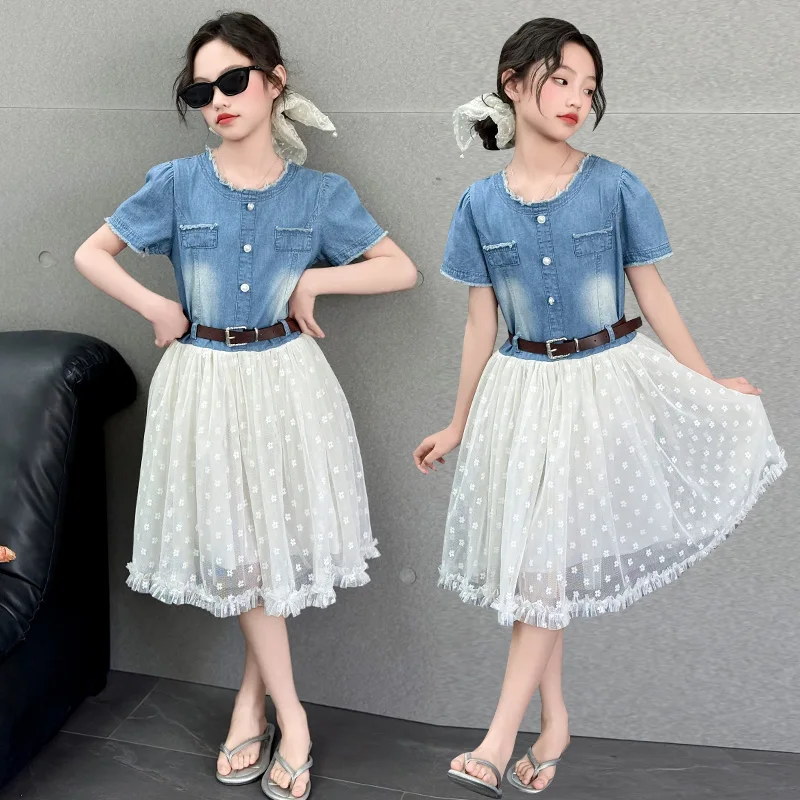 New Summer Kids Fashion Mesh Denim Patchwork Dress with Belt for Tweens Girls Elegant Outfit Age 4 5 6 7 8 9 10 11 12 13 14 Year