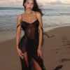 Nibber Mesh See Through Maxi Dresses Women Solid Sexy Ribbons Suspendency Side Splited Attractive Vestidos Female Holiday Robe