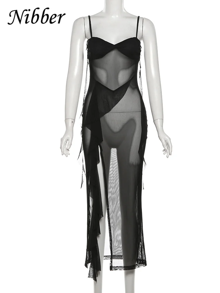 Nibber Mesh See Through Maxi Dresses Women Solid Sexy Ribbons Suspendency Side Splited Attractive Vestidos Female Holiday Robe - Image 6