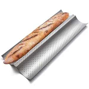 Nonstick Baguette Pans for French Bread Baking, Perforated 2/3/4 Loaves Baguettes Bakery Tray, 15' X 6.3', Silver and Black