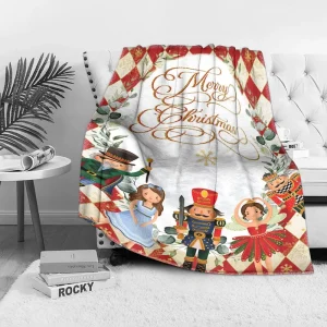 Nutcracker Ballet Christmas Fleece Blanket, Golden Merry Christmas Script with Character Collection, Classic Holiday Throw