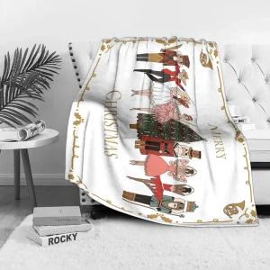 Nutcracker Ballet Christmas Fleece Blanket, White with Gold Holly Design, Character Collection for Elegant Holiday Decor