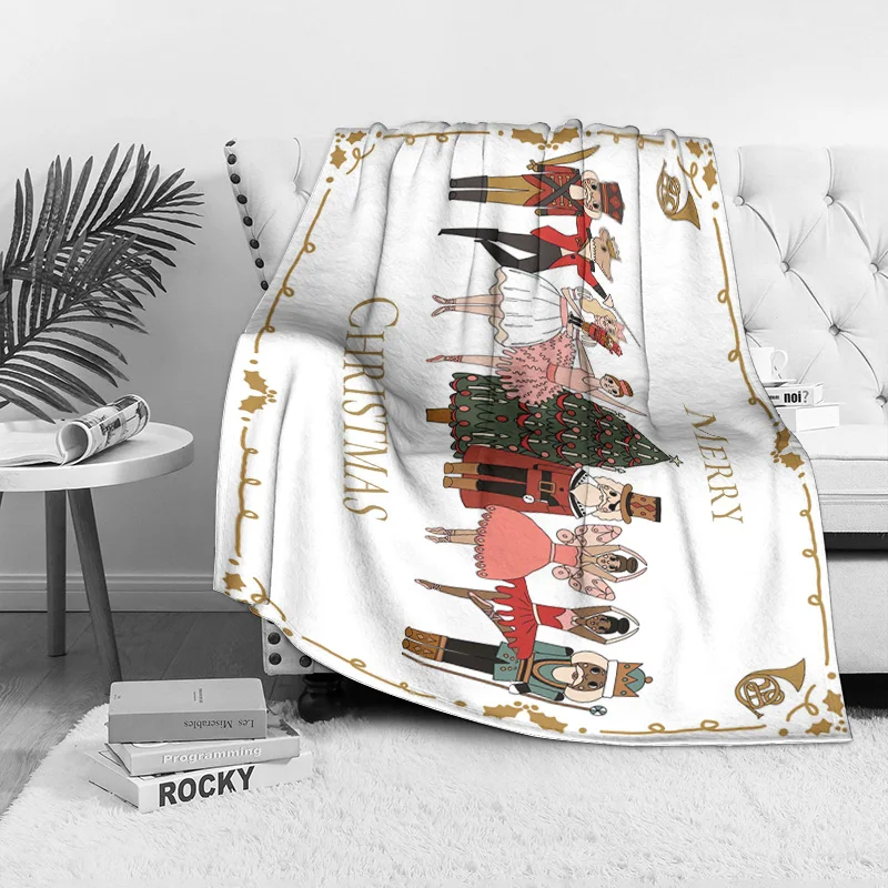 Nutcracker Ballet Christmas Fleece Blanket, White with Gold Holly Design, Character Collection for Elegant Holiday Decor