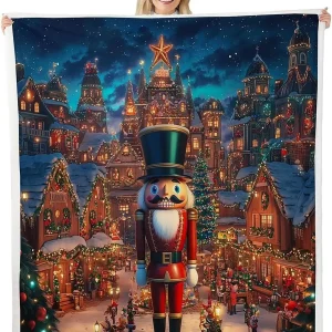 Nutcracker Blanket Merry Christmas Throw Blanket for Kids Teens Adults Modern House Building Polyester Soft Fleece Blanket Happy