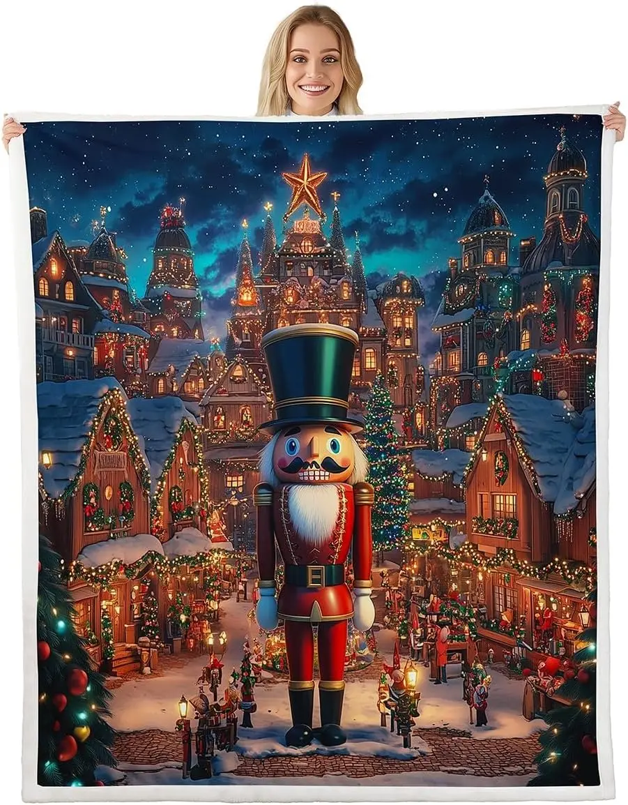 Nutcracker Blanket Merry Christmas Throw Blanket for Kids Teens Adults Modern House Building Polyester Soft Fleece Blanket Happy