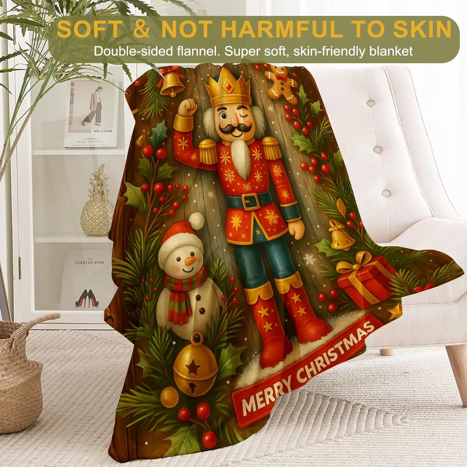 Nutcracker Christmas Decorative Blanket, Soldier Snowman Gingerbread Print Throw Decoration, Soft Flannel Winter Blankets for - Image 4