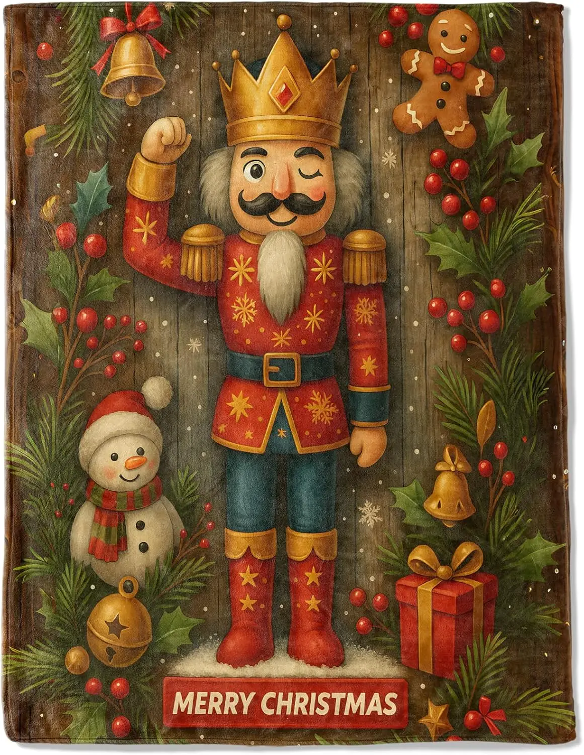 Nutcracker Christmas Decorative Blanket, Soldier Snowman Gingerbread Print Throw Decoration, Soft Flannel Winter Blankets for