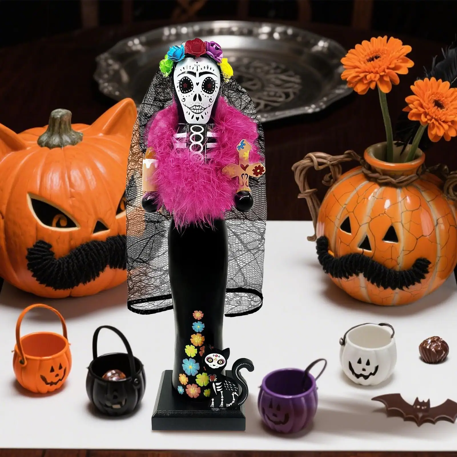 Nutcrackers Figures Day Of The Dead 14 Inch Nutcracker Figurine With Cat Wooden Figurine For Halloween Holiday Display Shelf - Image 4