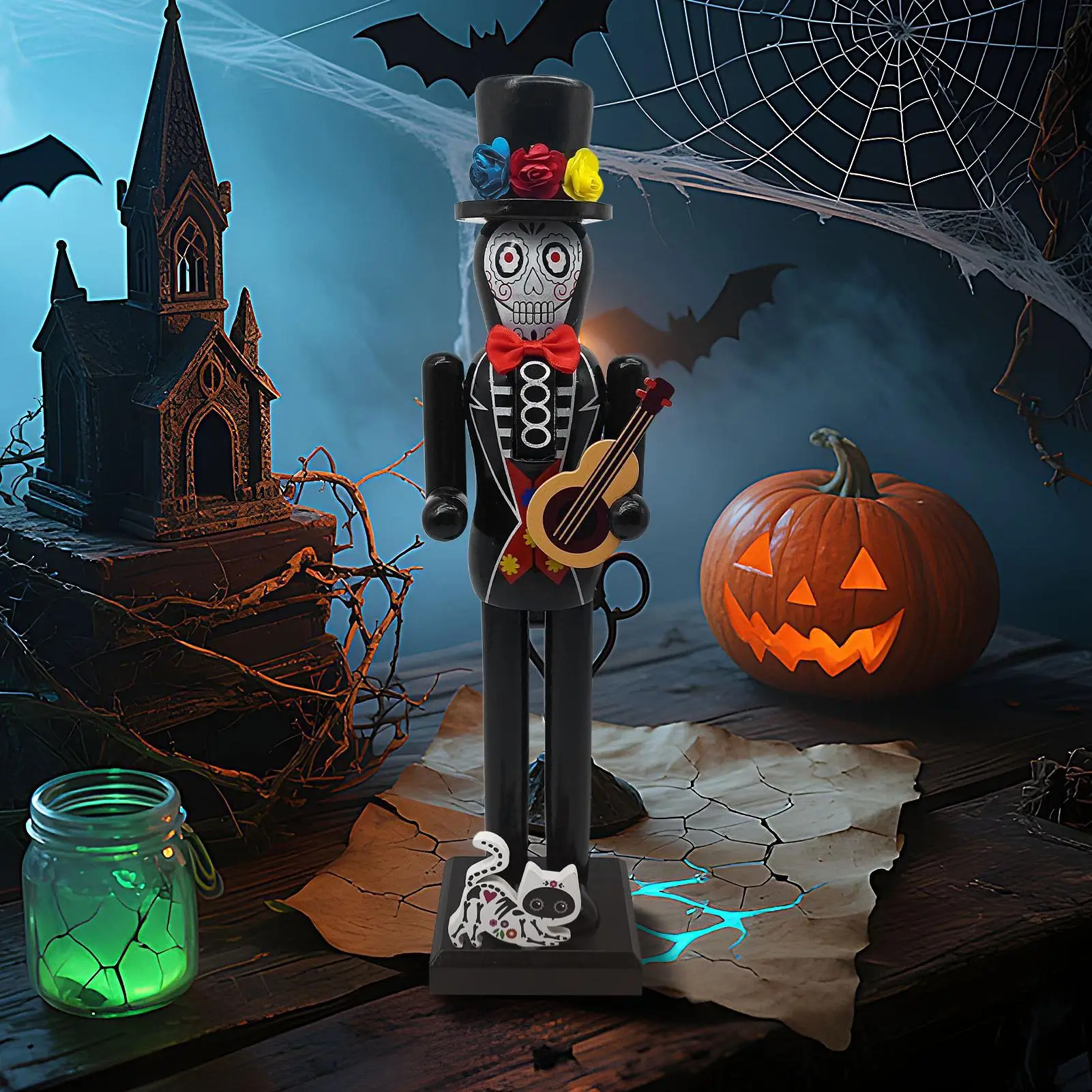 Nutcrackers Figures Day Of The Dead 14 Inch Nutcracker Figurine With Cat Wooden Figurine For Halloween Holiday Display Shelf - Image 3