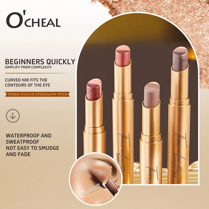 O'CHEAL Three Color Eye Shadow Stick Gradient Delicate Shiny Waterproof Glitter Eye Shadow Waterproof Long-Lasting Eye Cosmetics - Image 2