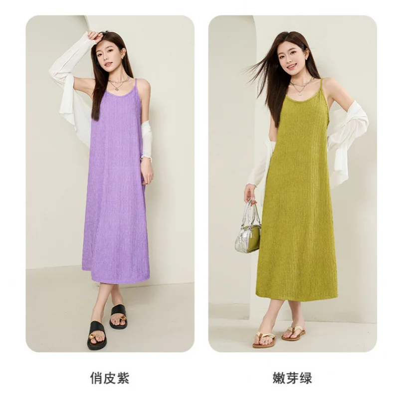 Original Black White Chiba Pleated Suspender Fashion Slimming Dress Women's Casual All-Match Loose Drooping Dress - Image 3