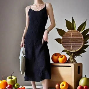 Original Black White Chiba Pleated Suspender Fashion Slimming Dress Women's Casual All-Match Loose Drooping Dress