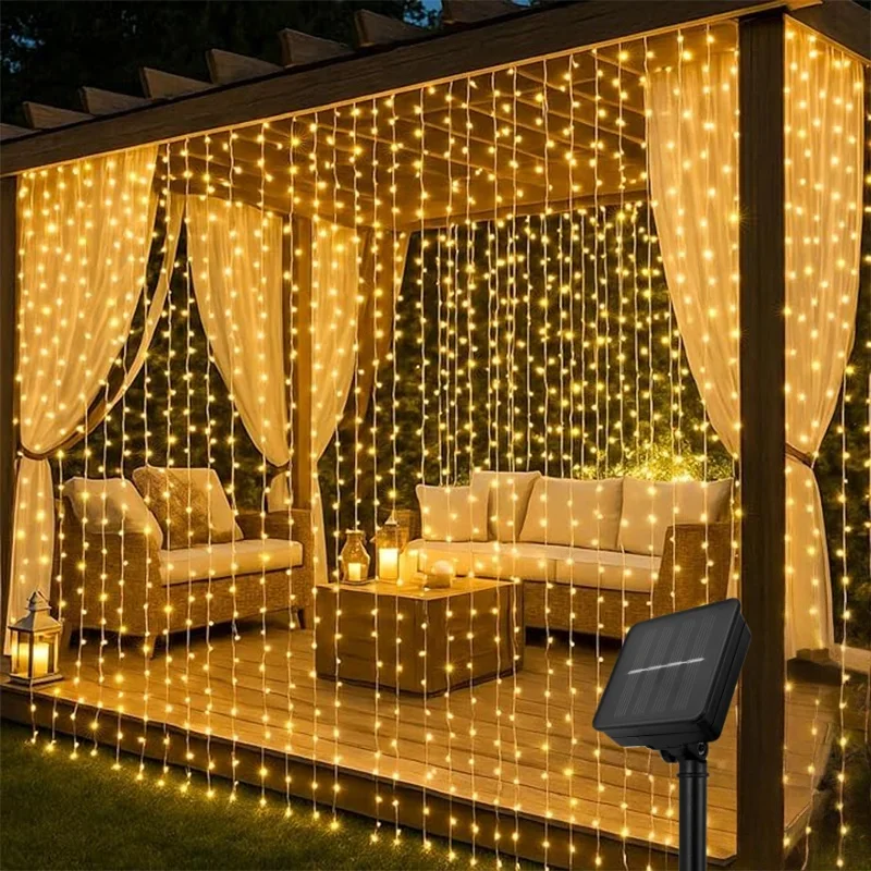 Outdoor Solar Curtain Light 3x3M 300Leds Holiday Decorations Garland 8 Modes Halloween Christmas Party Decor String Lights - Image 2