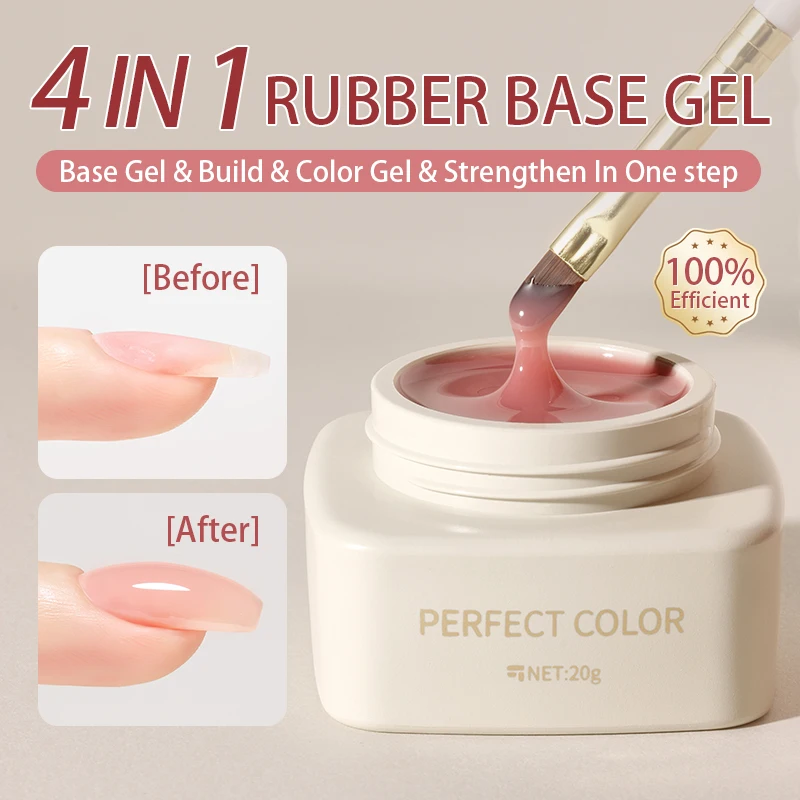 PERFECT COLOR 4-in-1 Builder Nail Gel,20g 12 Colors Rubber Base Gel Polish,Extension for DIY Salon Girls Home,Nail Art Brushes