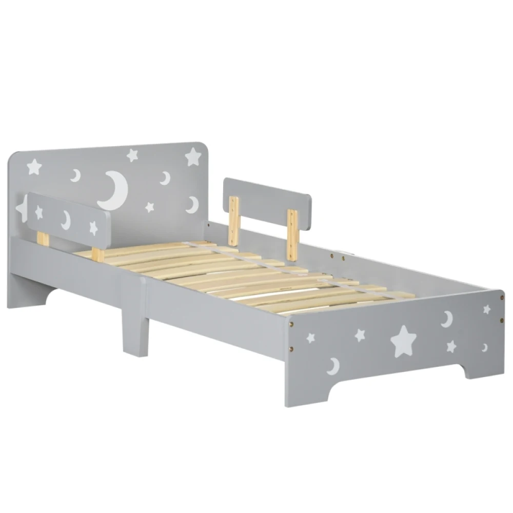 PINGGO Kids Toddler Bed, with Star and Moon Patterns, Side Rails, for Ages 3-6 Years - Grey - Image 2