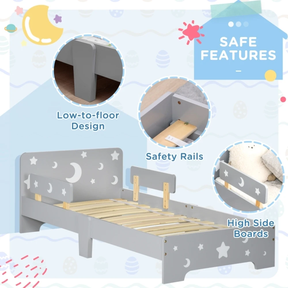 PINGGO Kids Toddler Bed, with Star and Moon Patterns, Side Rails, for Ages 3-6 Years - Grey - Image 5