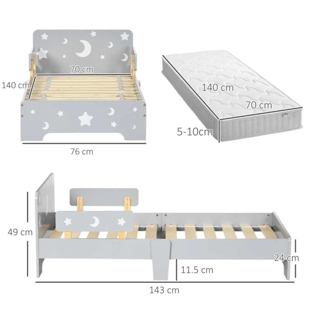 PINGGO Kids Toddler Bed, with Star and Moon Patterns, Side Rails, for Ages 3-6 Years - Grey - Image 3