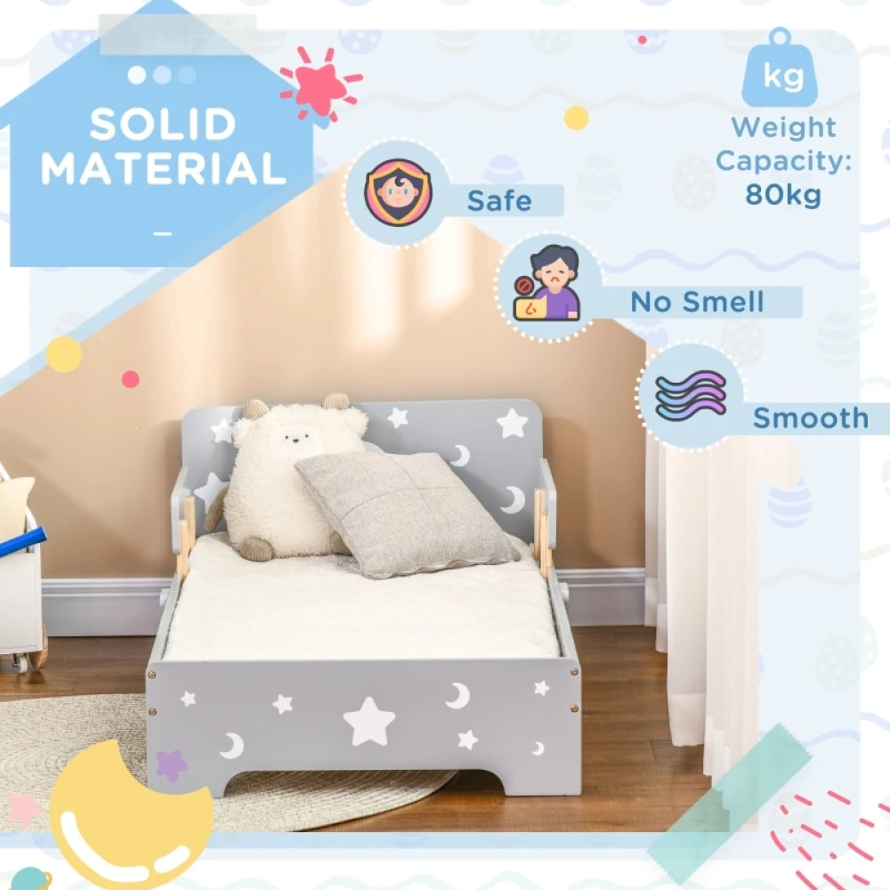 PINGGO Kids Toddler Bed, with Star and Moon Patterns, Side Rails, for Ages 3-6 Years - Grey - Image 6