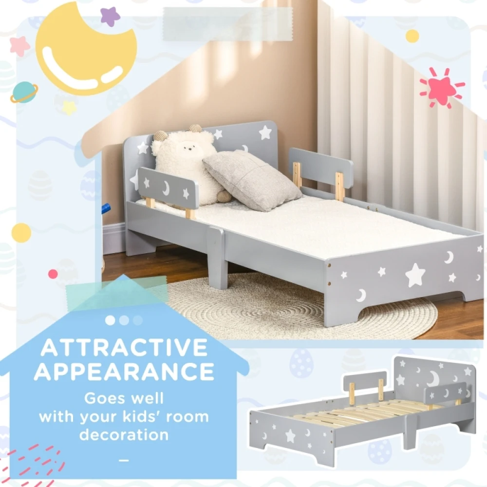 PINGGO Kids Toddler Bed, with Star and Moon Patterns, Side Rails, for Ages 3-6 Years - Grey - Image 4