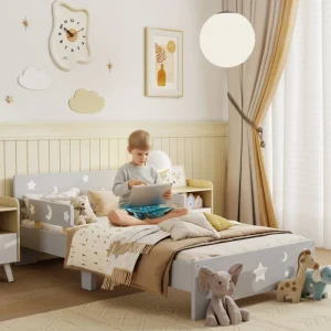 PINGGO Kids Toddler Bed, with Star and Moon Patterns, Side Rails, for Ages 3-6 Years - Grey