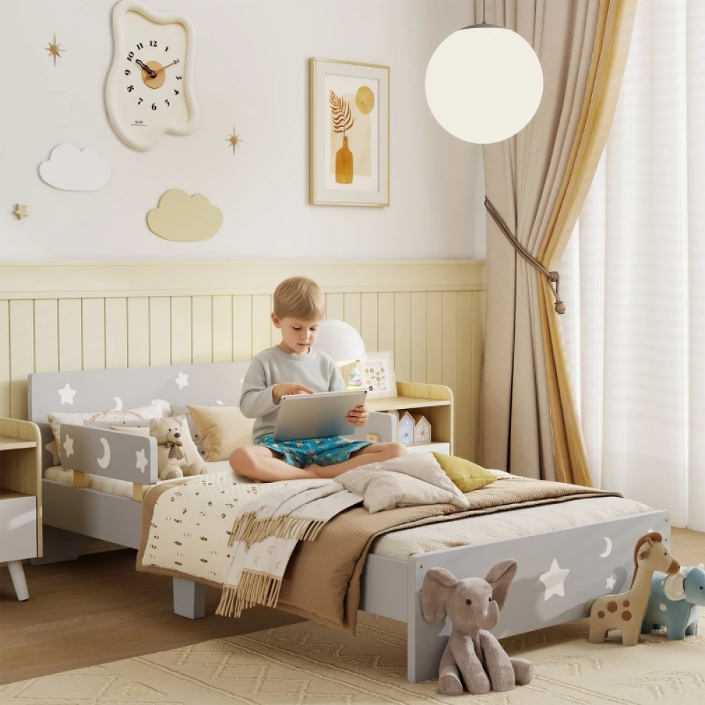PINGGO Kids Toddler Bed, with Star and Moon Patterns, Side Rails, for Ages 3-6 Years - Grey