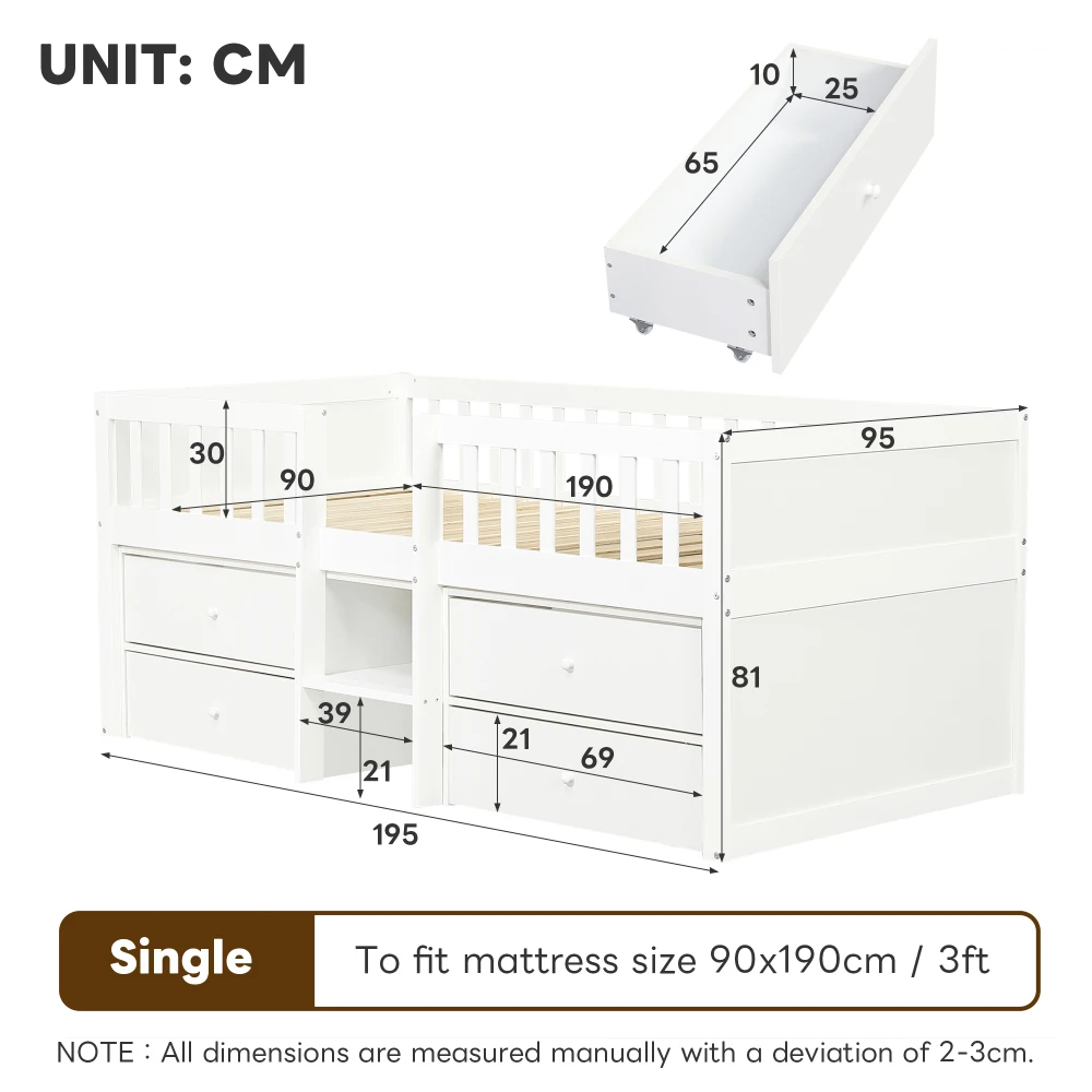 PINGGO Low Loft Bed with Storage Drawers 3ft Solid Wood Single Bed for Kids Bedroom (No Mattress) - Image 6