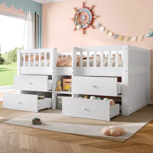 PINGGO Low Loft Bed with Storage Drawers 3ft Solid Wood Single Bed for Kids Bedroom (No Mattress)
