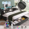PINGGO Upholstered Double Bed with USB Charging Storage Headboard LED Lighting Bed Frame Wooden Slatted Grey (No Mattress)