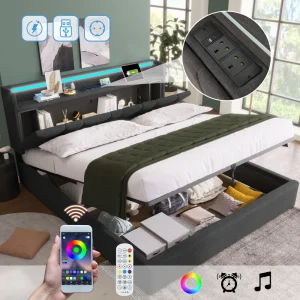 PINGGO Upholstered Double Bed with USB Charging Storage Headboard LED Lighting Bed Frame Wooden Slatted Grey (No Mattress)