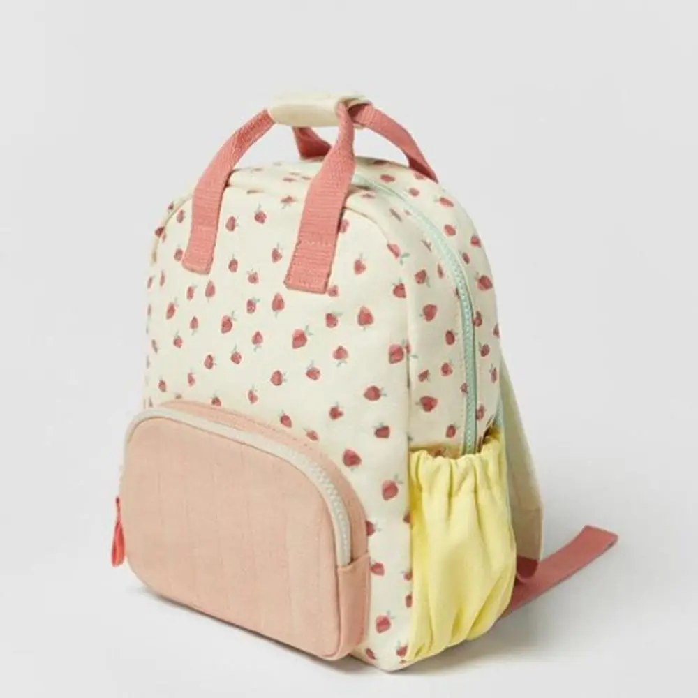 Personalized Embroidered Strawberry Kid Backpack Canvas Dopamine Print Colorful Schoolbag Cotton Baby Bag - Image 2