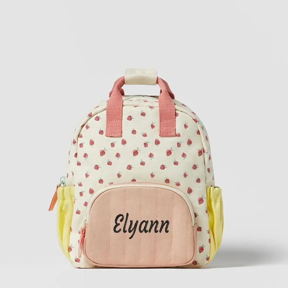 Personalized Embroidered Strawberry Kid Backpack Canvas Dopamine Print Colorful Schoolbag Cotton Baby Bag - Image 5