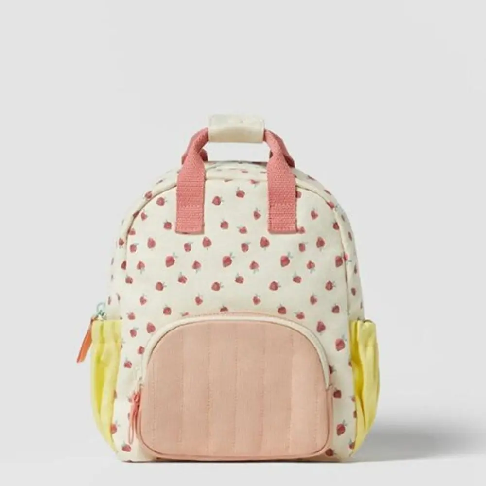 Personalized Embroidered Strawberry Kid Backpack Canvas Dopamine Print Colorful Schoolbag Cotton Baby Bag
