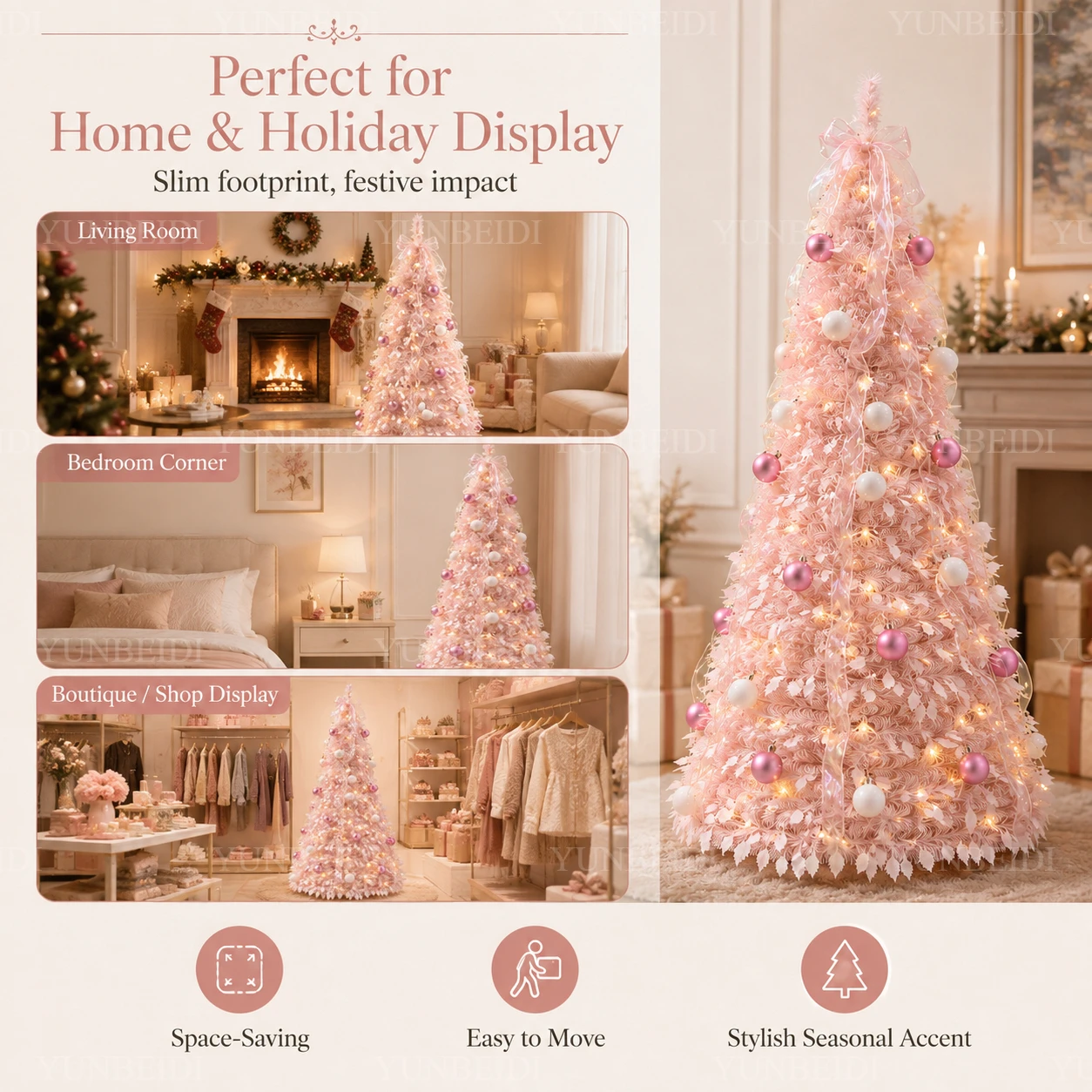 Pink Foldable Integrated Christmas Tree with Ornaments LED Lights High-end Christmas Tree 1.5M/1.8M Family Christmas Decoration - Image 2