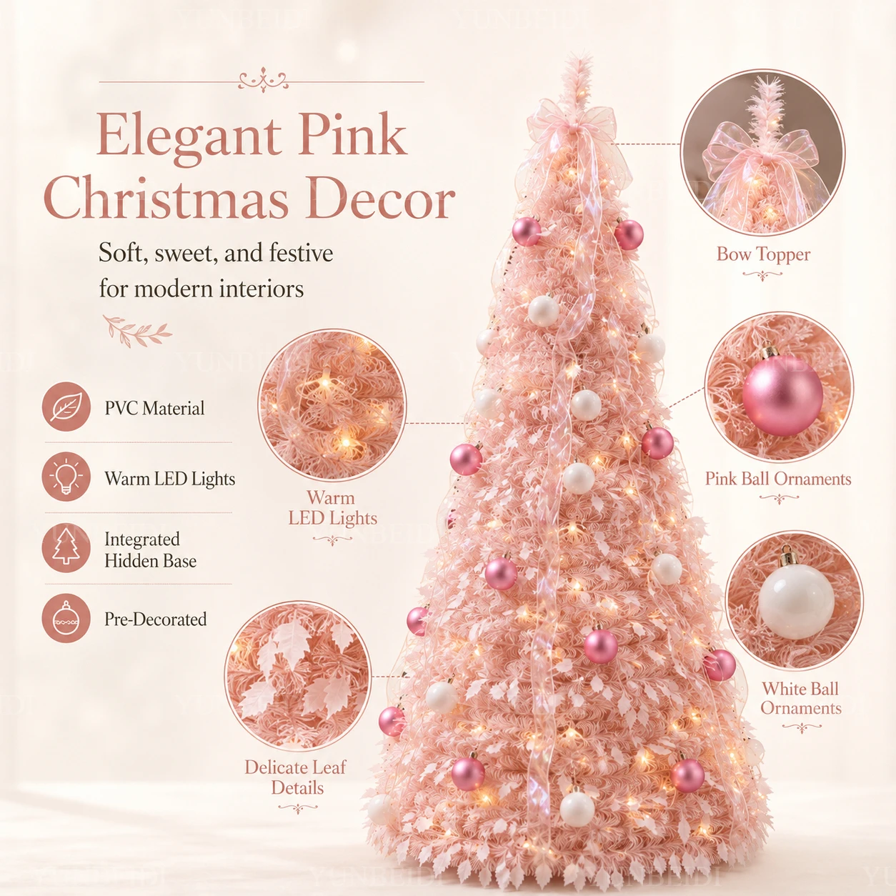 Pink Foldable Integrated Christmas Tree with Ornaments LED Lights High-end Christmas Tree 1.5M/1.8M Family Christmas Decoration - Image 3