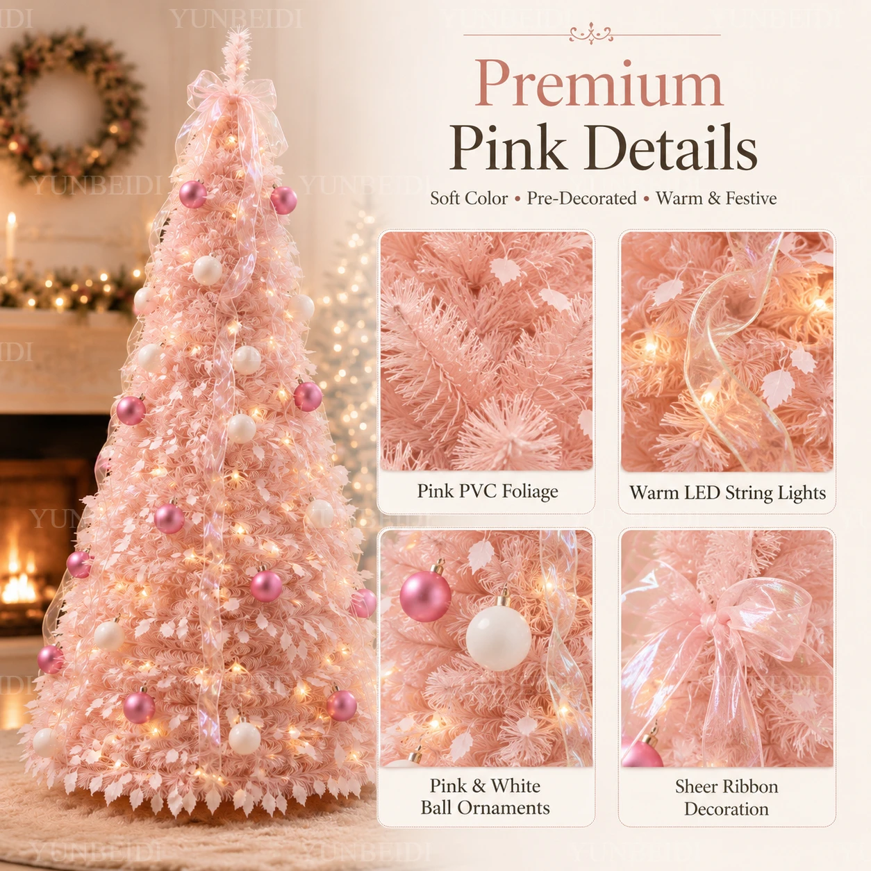 Pink Foldable Integrated Christmas Tree with Ornaments LED Lights High-end Christmas Tree 1.5M/1.8M Family Christmas Decoration - Image 4