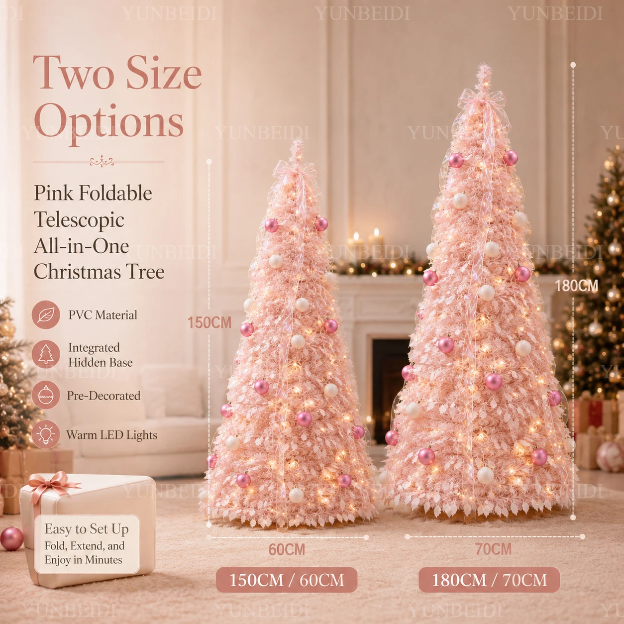 Pink Foldable Integrated Christmas Tree with Ornaments LED Lights High-end Christmas Tree 1.5M/1.8M Family Christmas Decoration - Image 6