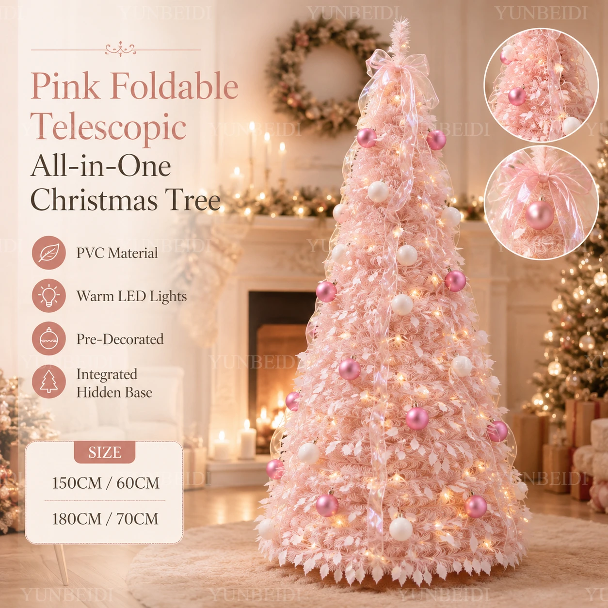 Pink Foldable Integrated Christmas Tree with Ornaments LED Lights High-end Christmas Tree 1.5M/1.8M Family Christmas Decoration