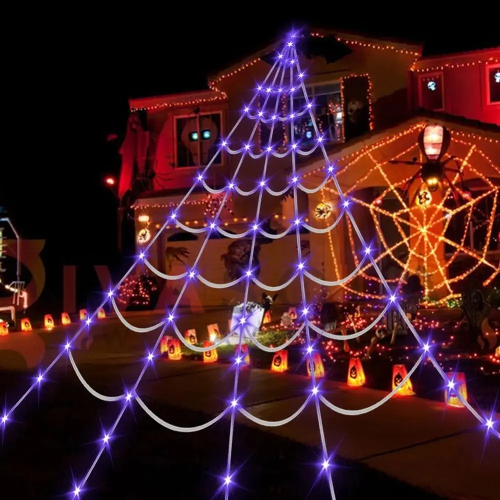 Practical 8 Modes Halloween Spider Web Lights Waterproof 250 LEDs LED Spider Net 5m Big Scary Giant Spider Party - Image 2