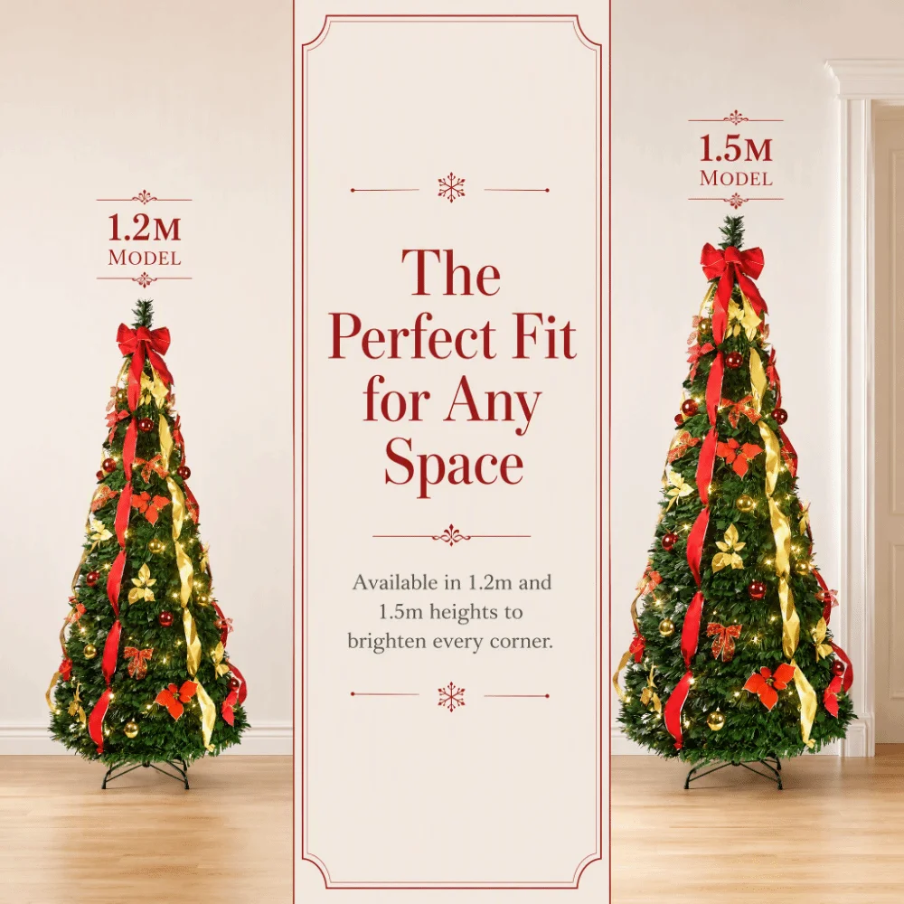 Pre-Decorated Pop-Up Christmas Tree Warm White Lights Gold Ornaments Folding Christmas Tree Space-Saving Red Ornaments - Image 2