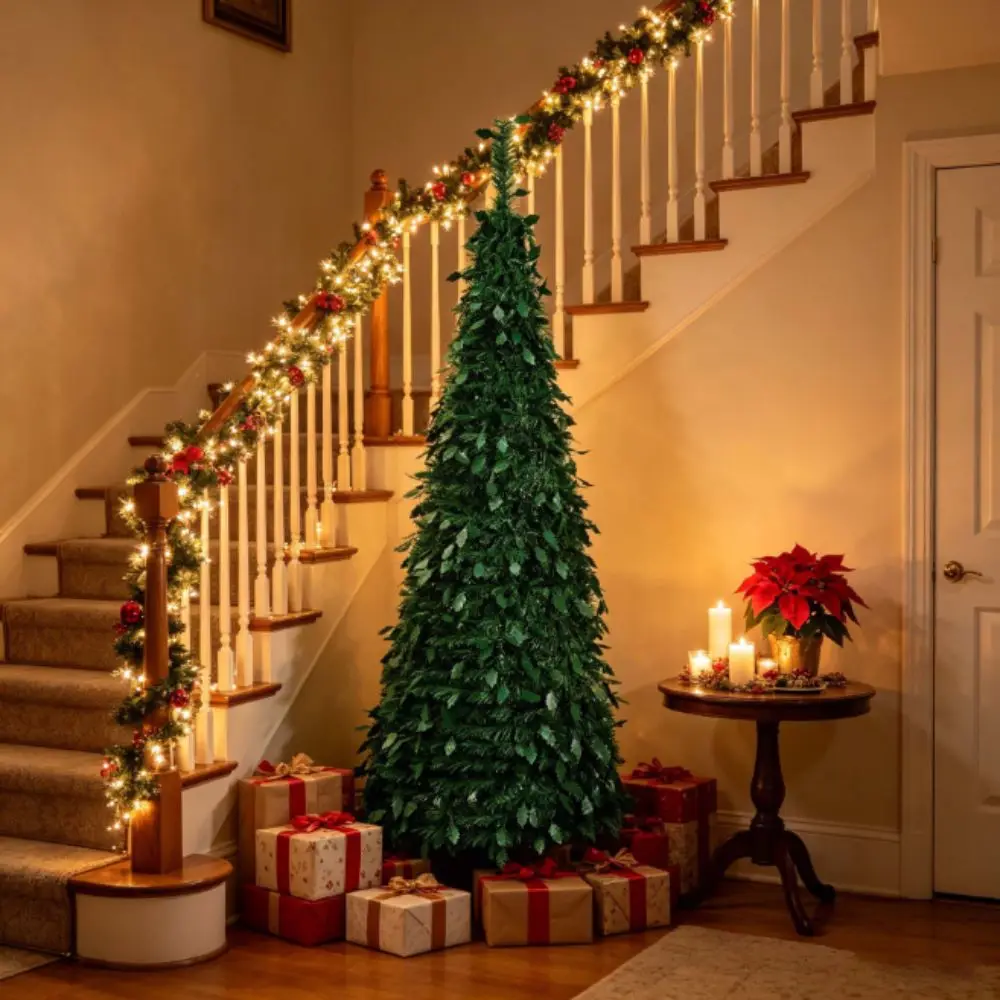 Pre-Decorated Pop-Up Christmas Tree Warm White Lights Gold Ornaments Folding Christmas Tree Space-Saving Red Ornaments - Image 3