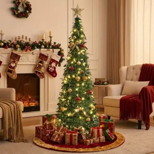 Pre-Decorated Pop-Up Christmas Tree Warm White Lights Gold Ornaments Folding Christmas Tree Space-Saving Red Ornaments