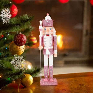 Premium Wood Nutcracker Ornament Pink Glitter Design Festive Holiday Decor Christmas Figure Traditional German Tale Inspired