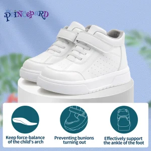 Princepard Orthopedic Kid Sneakers White Color Back to School Children's Casual Shoes for Girls Boys with High Top Arch Support